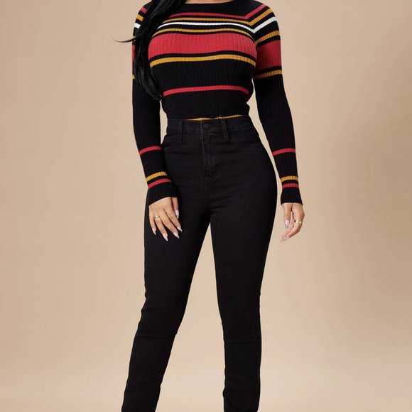 Long Sleeve Women's Sweater - Fashion Nova Sweater - Black Stripes Sweater - Picture 6 of 7